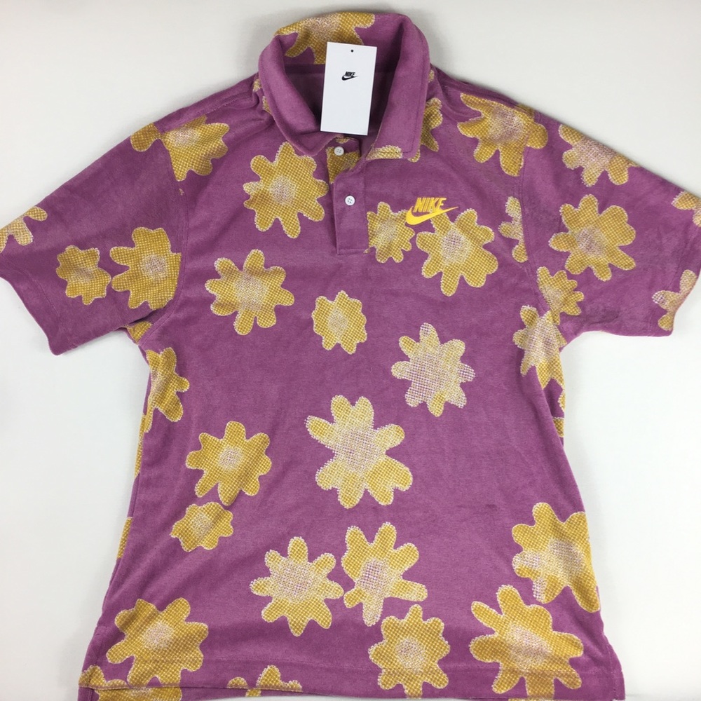 Nike Sportswear Terry Cloth Polo Golf Shirt Bordeaux Floral loose fit Men S New